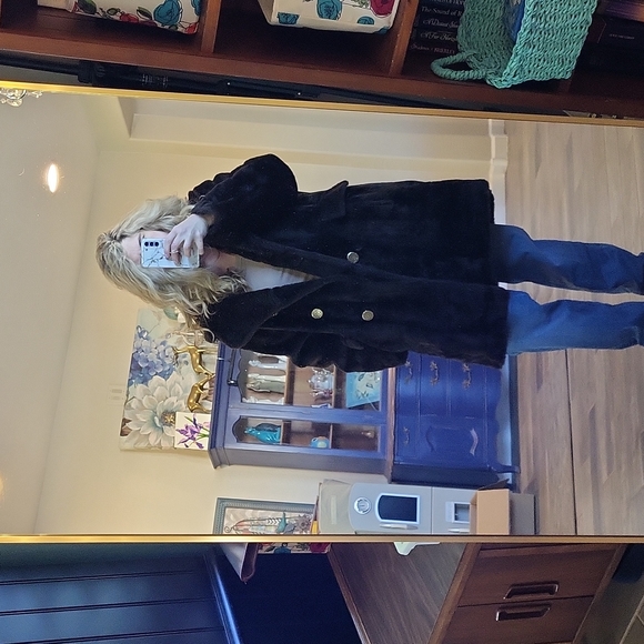 Vintage Carol Brent Faux Fur Pea Coat Gold Buttons Funky Printed Lining Size 2X - Picture 4 of 14